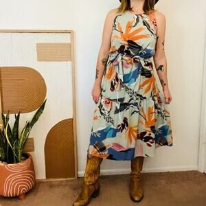 Slate & Willow Botanical Jungle Print Wrap Midi Tiered Sleeveless Dress